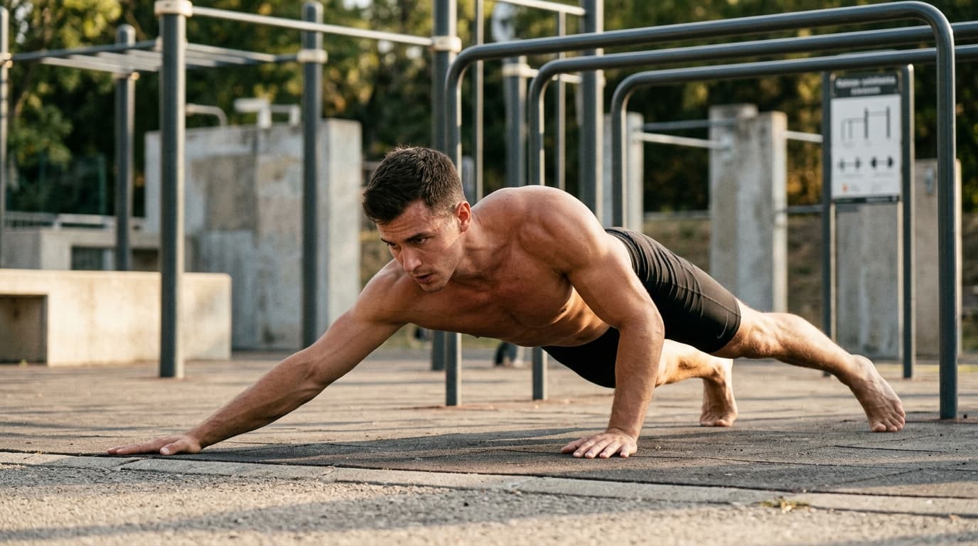 Athlete performing an archer push-up — advanced bodyweight exercise in the 5–8 rep strength range for muscle hypertrophy