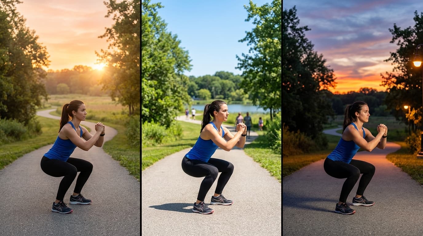 Comparison of athlete training at different times showing morning, afternoon, and evening workout performance