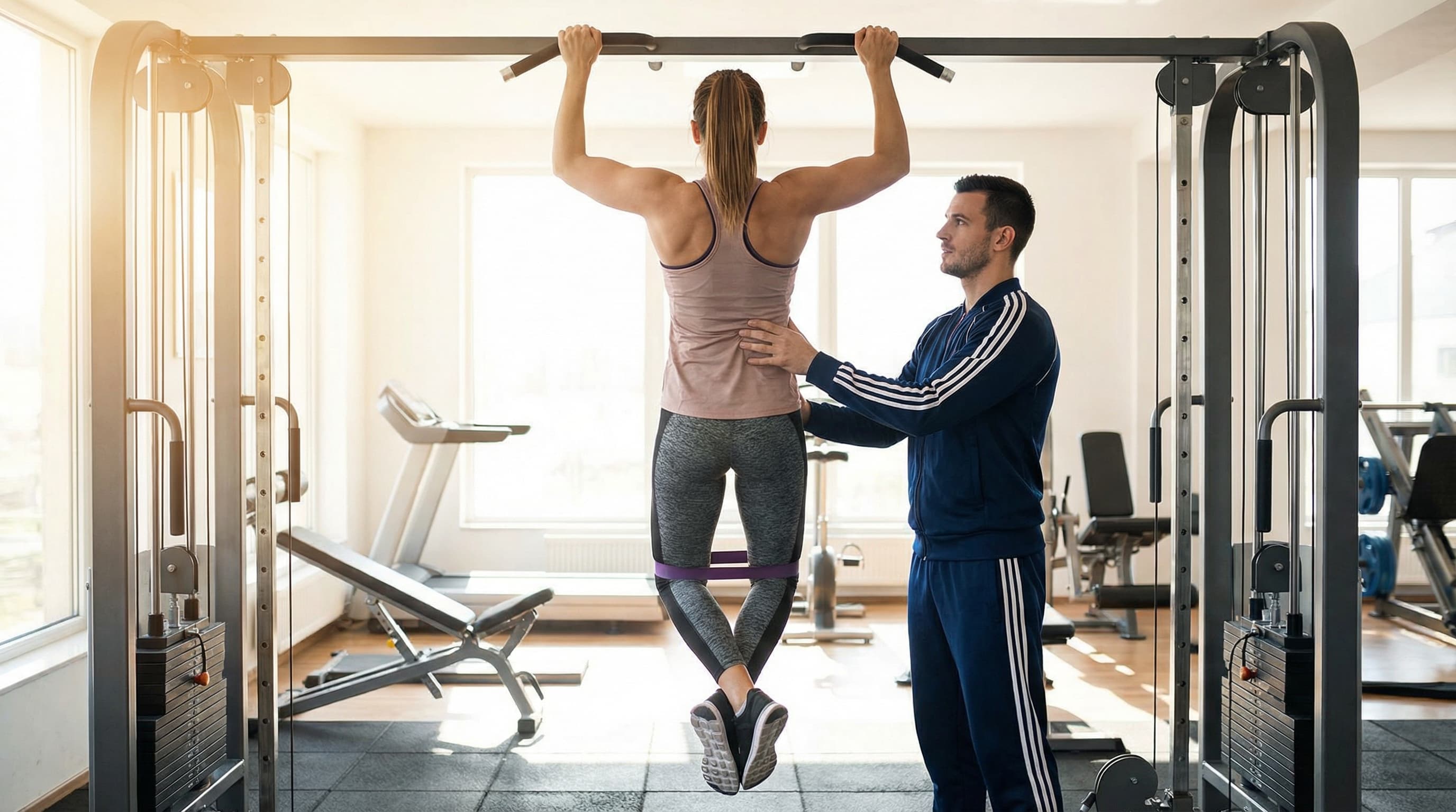 Beginner demonstrating assisted pull-up progression with proper form, showing the journey from zero strength to first pull-up achievement