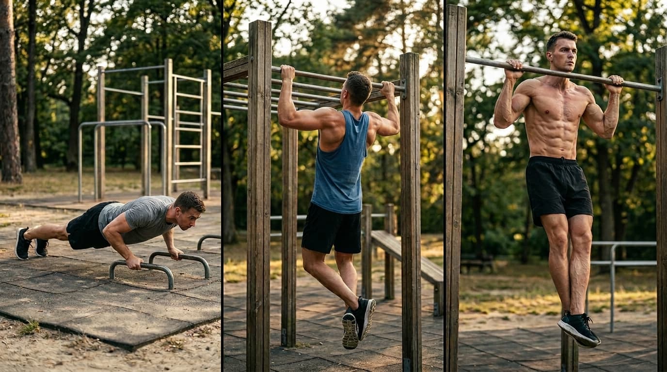 Athlete at different stages of calisthenics progress — 30 day before and after showing push-up, pull-up, and handstand milestones