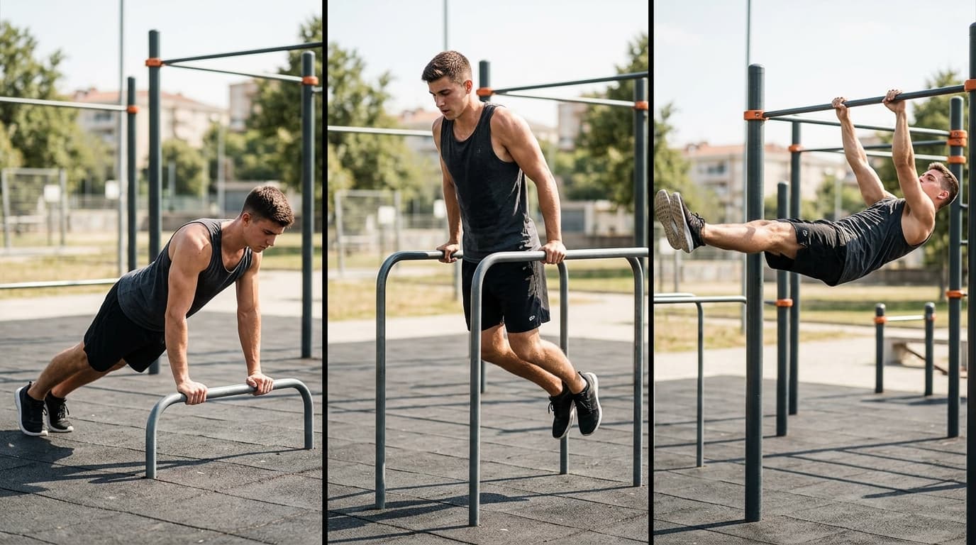 Realistic calisthenics transformation timeline showing progressive results from beginner to advanced bodyweight training over 12 weeks