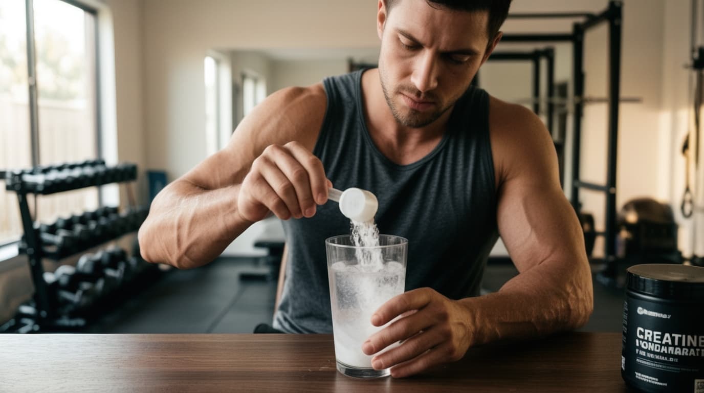 Athlete mixing creatine monohydrate powder into a glass of water before a bodyweight training session