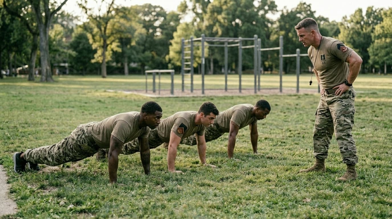 Person comparing fitness app options on a phone beside a military-style bodyweight calisthenics workout