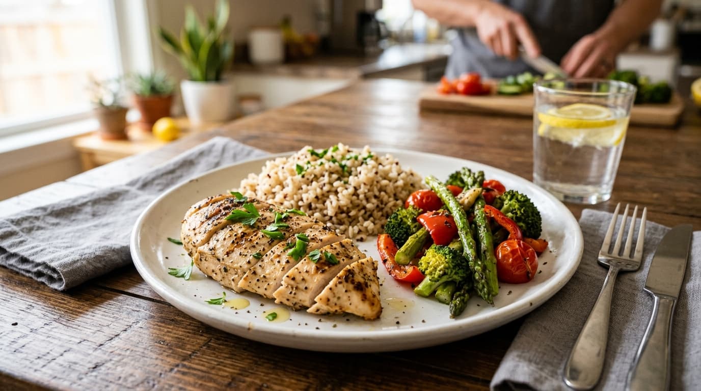 Balanced meal showing protein, carbohydrates, and vegetables demonstrating simple muscle-building nutrition principles
