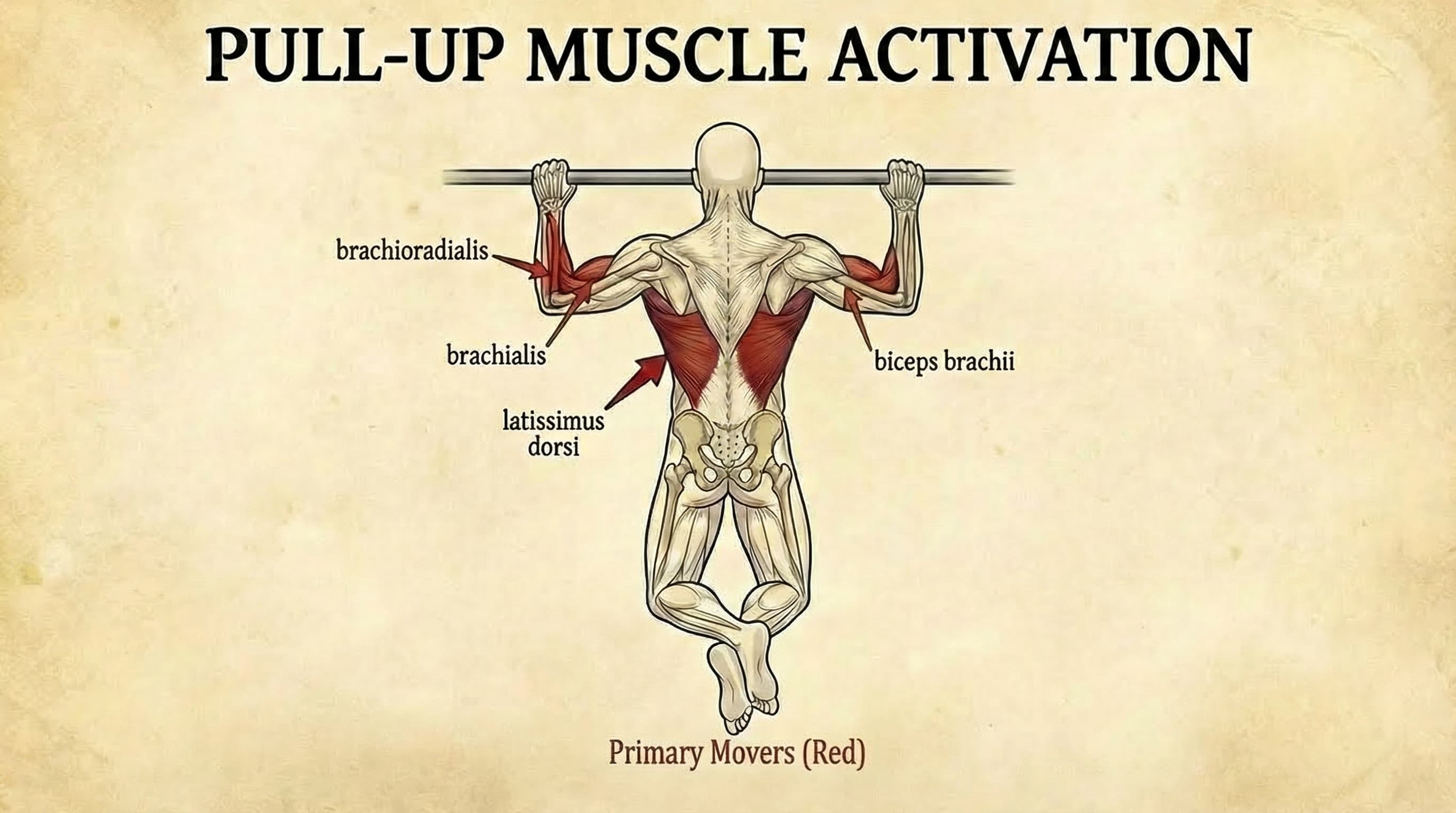 Anatomical diagram showing muscles engaged during pull-ups: latissimus dorsi, biceps, rhomboids, trapezius, and core muscles with highlighted activation zones