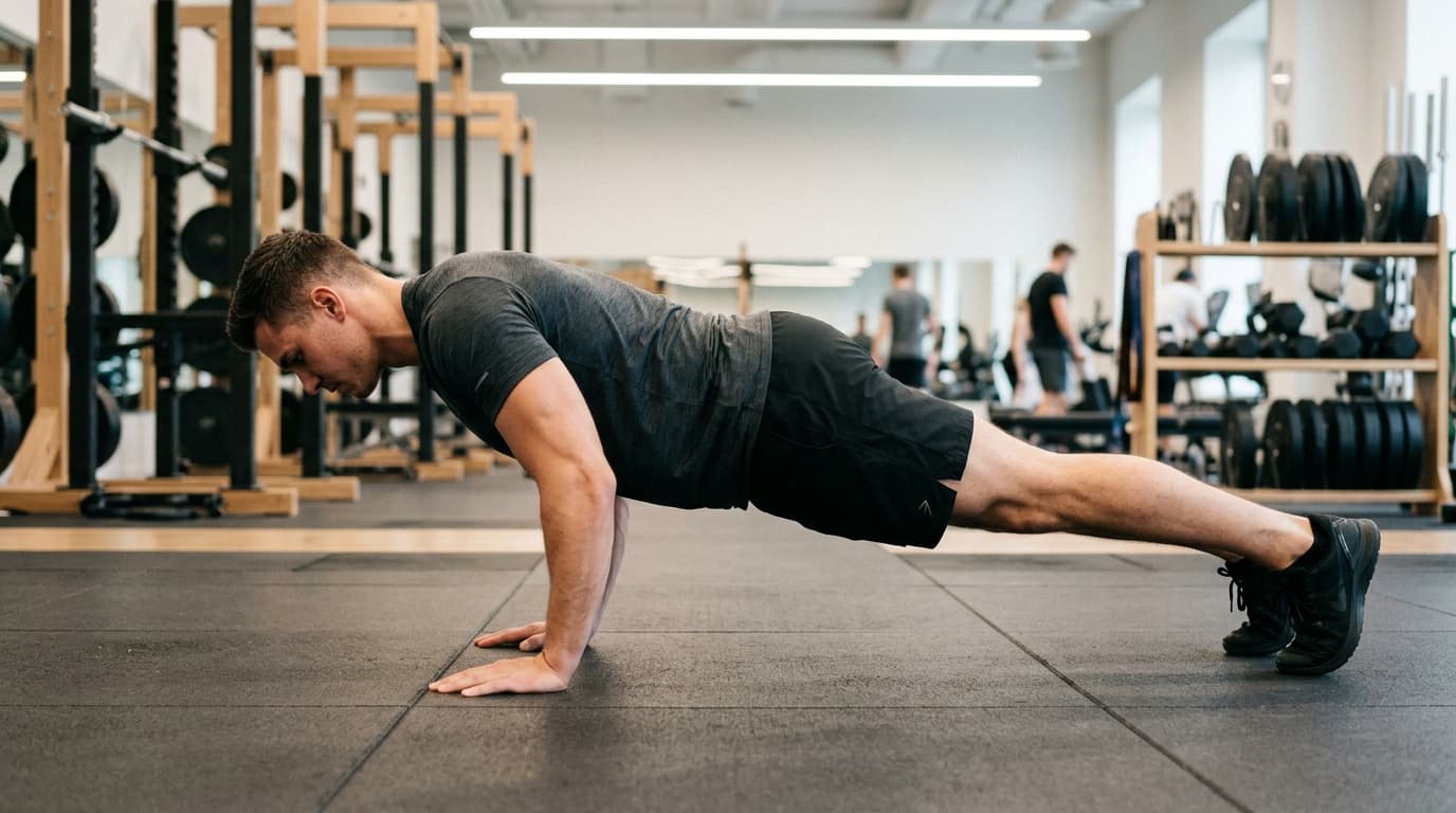 Athlete demonstrating perfect push-up form with proper body alignment, showing the progression from incline to advanced variations for building upper body strength