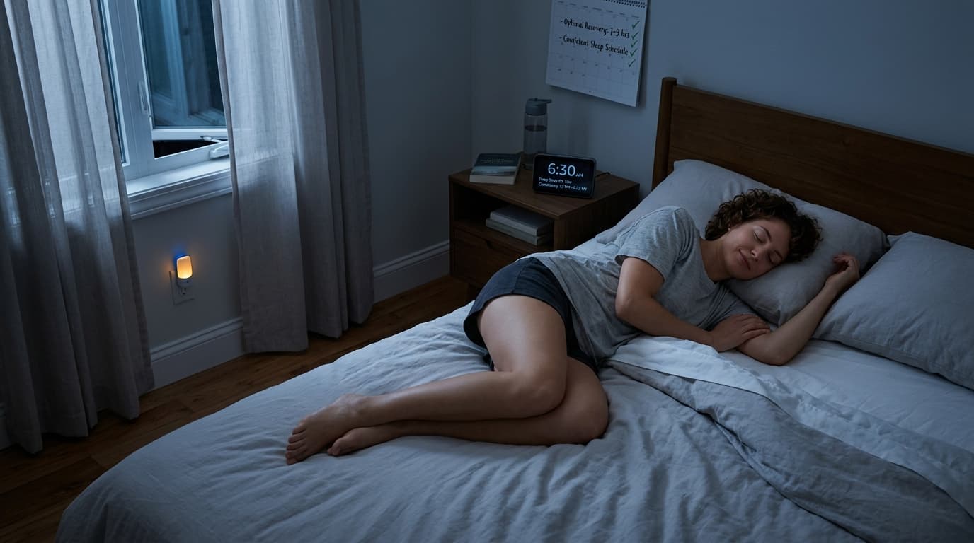 Person demonstrating healthy sleep habits with proper bedroom environment for circadian rhythm optimization