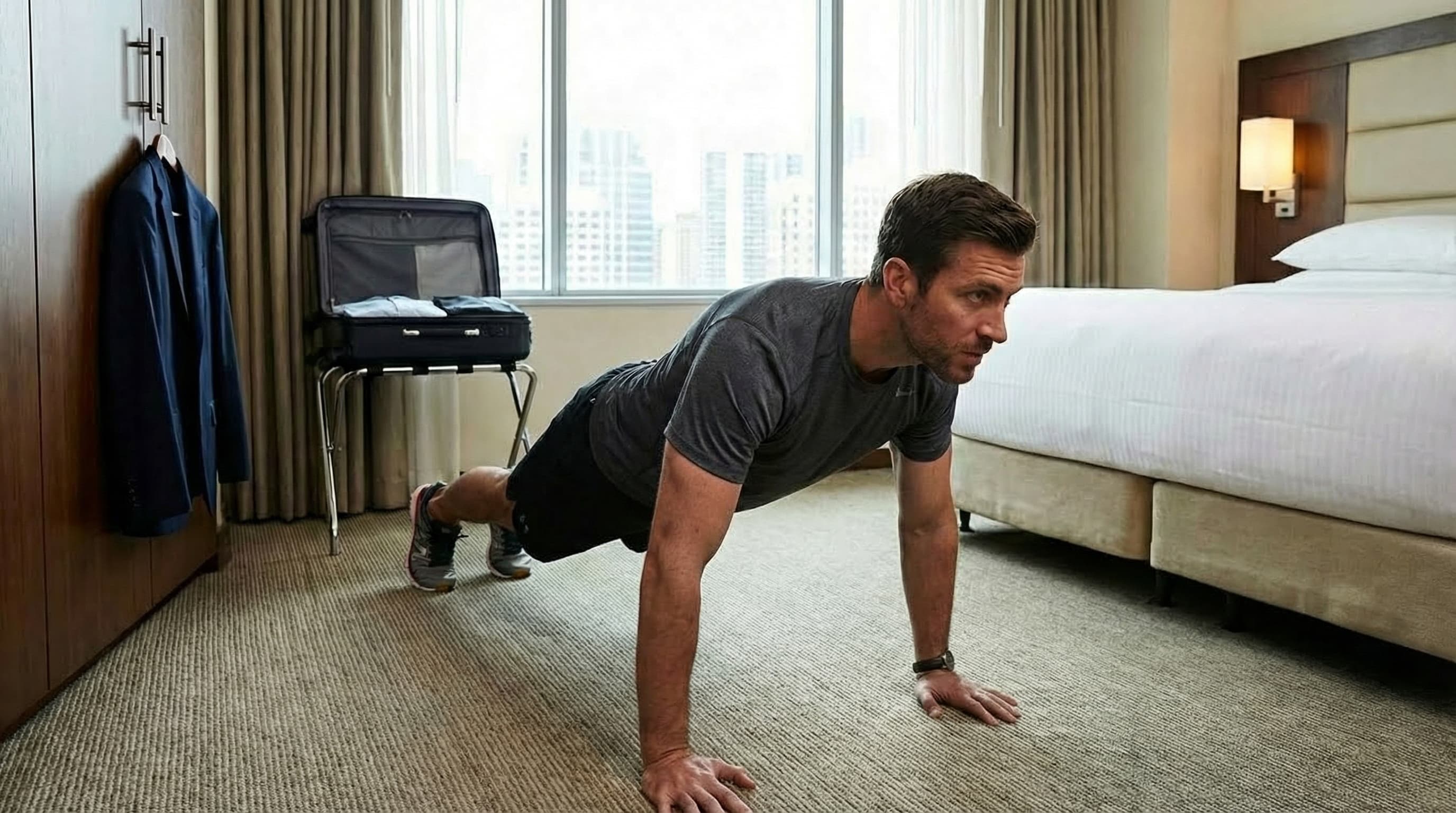 Business professional performing push-ups in hotel room, demonstrating practical travel fitness routine with minimal space and no equipment
