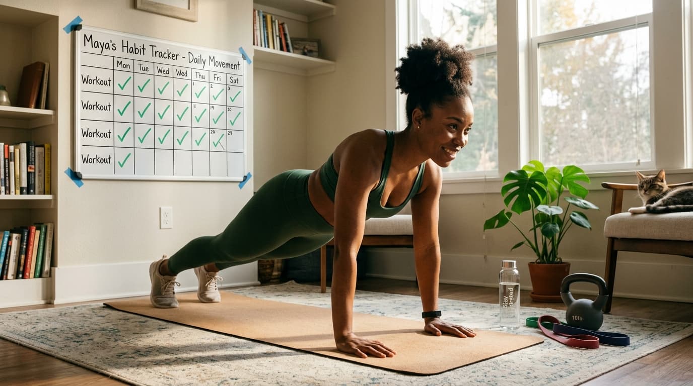 Person building sustainable workout habit at home with consistent daily training routine