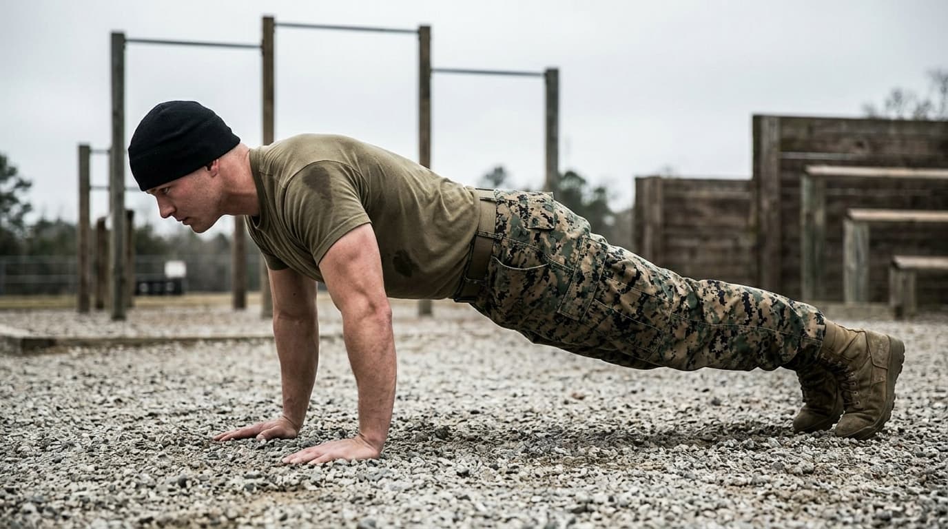 Does military calisthenics really work — honest breakdown Athlete performing a military-style bodyweight calisthenics circuit of push-ups and squats outdoors