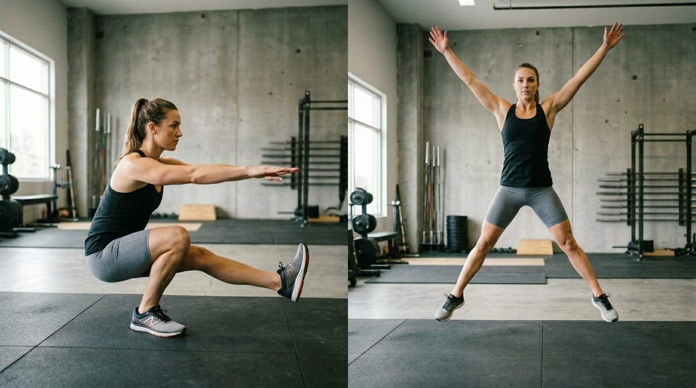 Jumping jacks vs pistol squats — muscles worked, calorie burn, and mobility comparison Athlete performing a pistol squat beside a jumping jacks demonstration — jumping jacks vs pistol squats leg exercise comparison