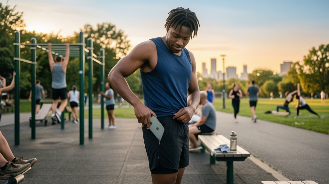 How to beat phone addiction and reclaim time for fitness Person putting away smartphone to focus on fitness training and real-world activities