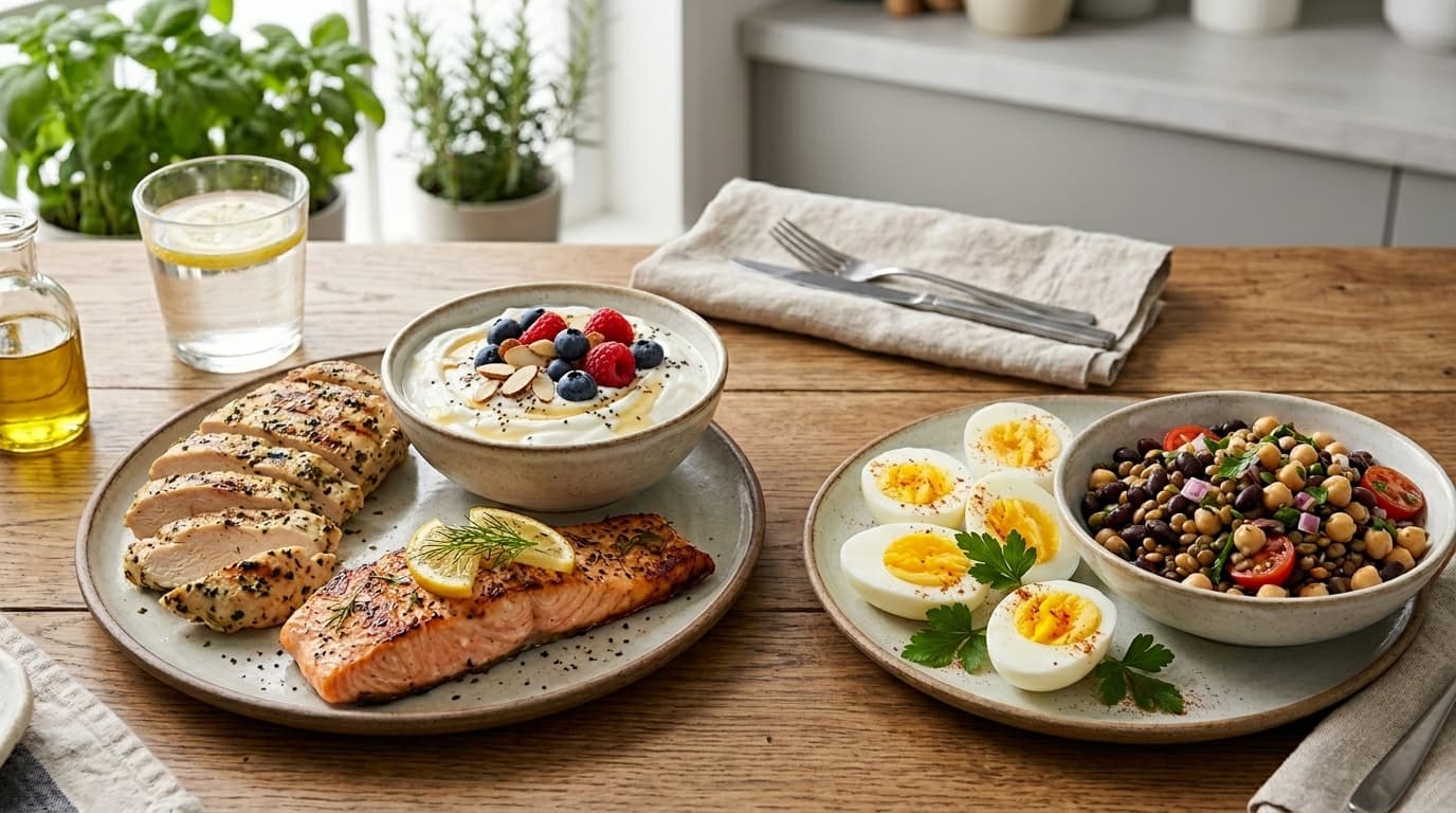 Optimal protein sources for muscle growth and bodyweight training High-protein foods including chicken, eggs, fish, Greek yogurt, and legumes arranged for optimal muscle-building nutrition