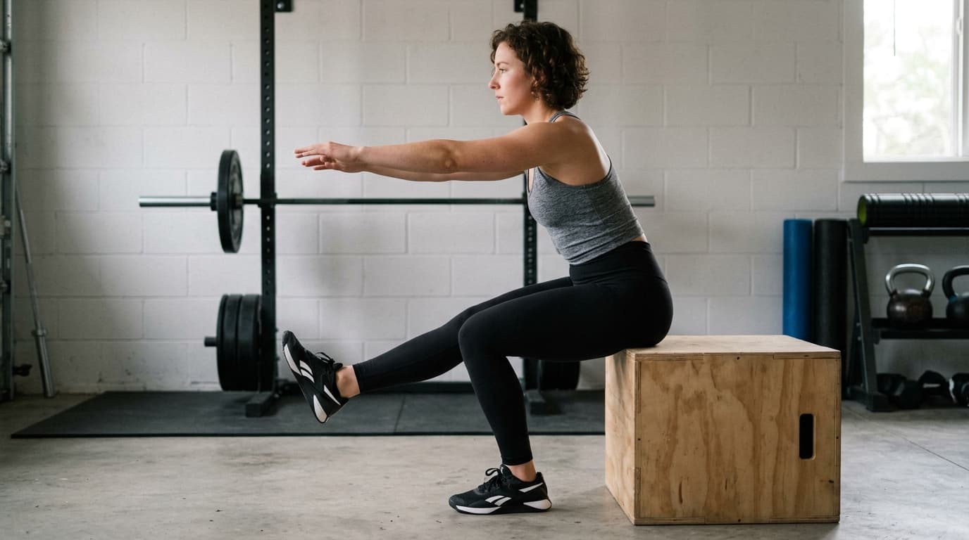 Single-leg squat progression: beginner regressions on the path to a pistol squat Beginner performing a box-assisted single-leg squat regression, the entry point to the pistol squat progression